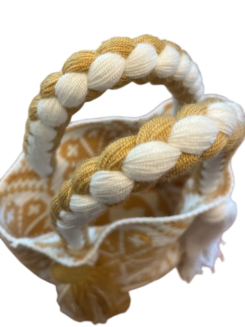 Wayuu Mochila bag Handwoven Tote Bag Cream & Mustard floral & Tassel design. - Picture 11 of 12